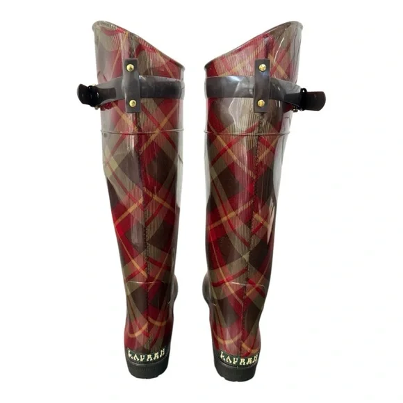 Lauren Ralph Lauren Rossalyn II Plaid Rain Boots Red Brown Tartan Check Size 9B - Picture 2 of 6